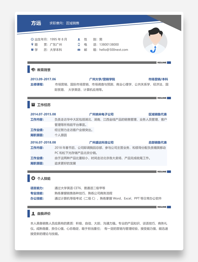 标准创意区域销售个人求职简历模板