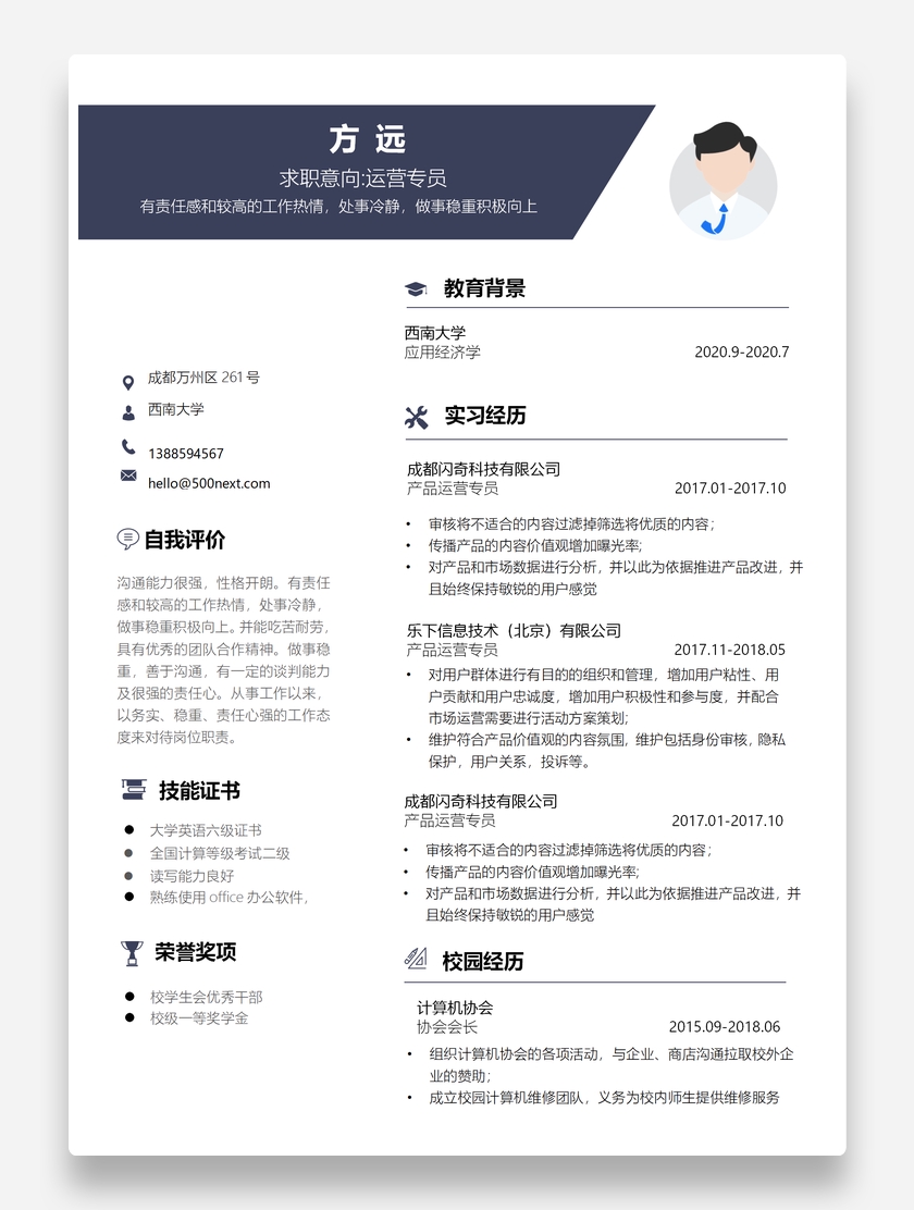 实用商务运营专员个人求职简历模板
