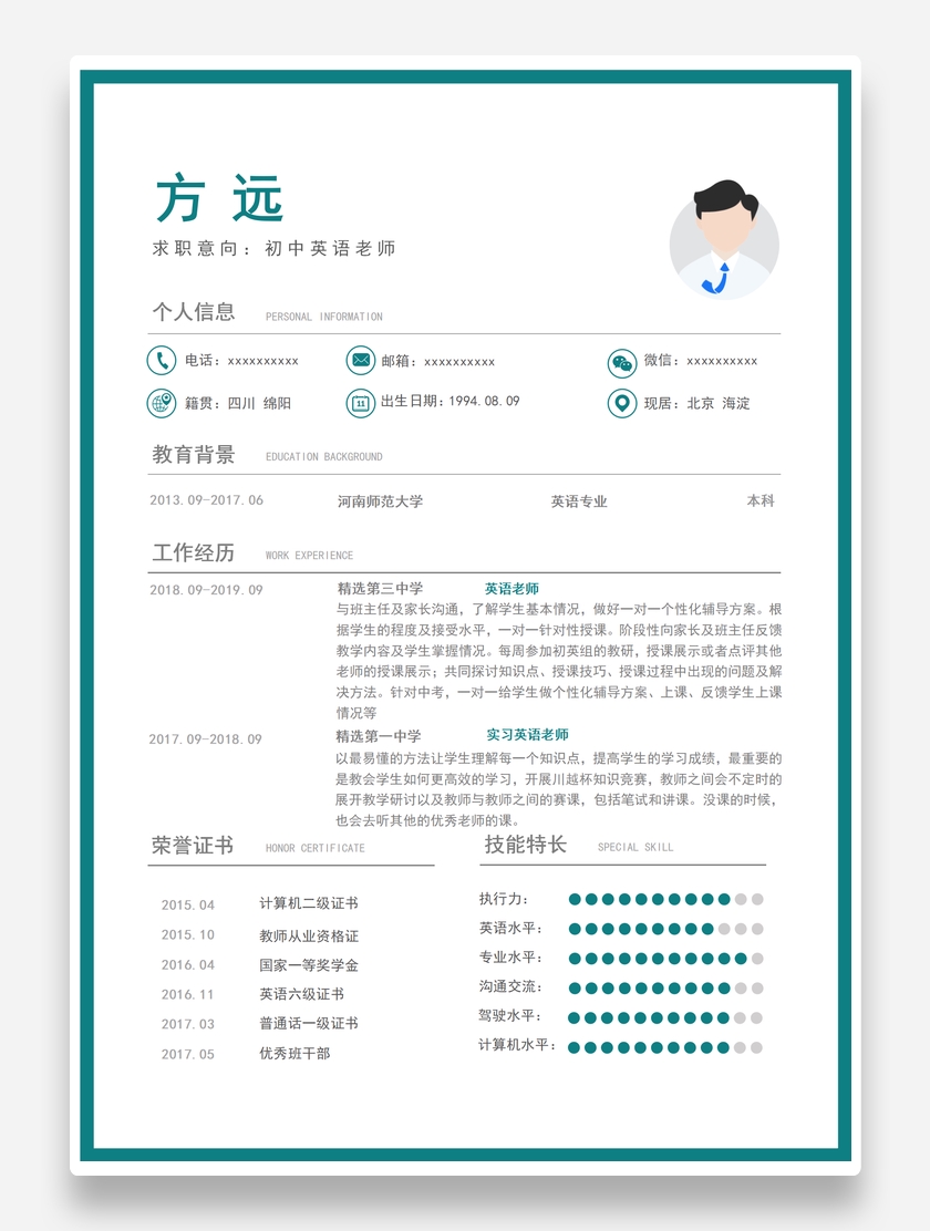 标准创意初中英语教师个人求职简历模板