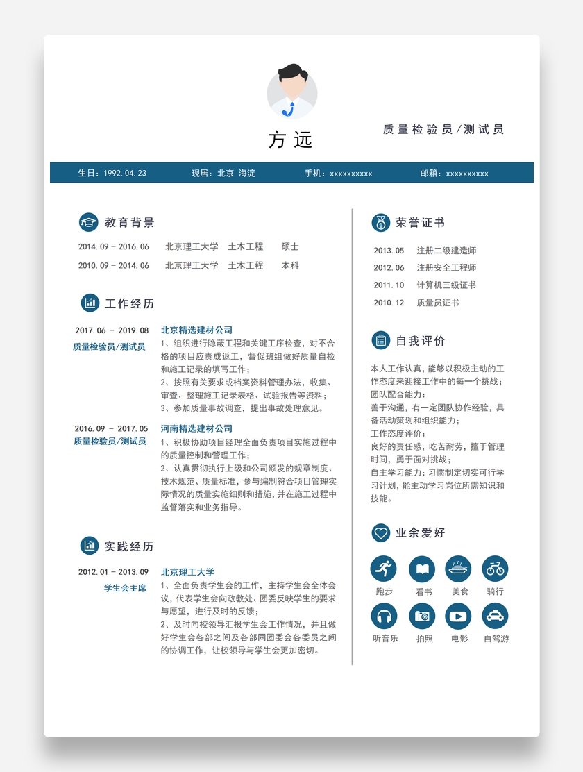 实用商务测试员个人求职简历模板