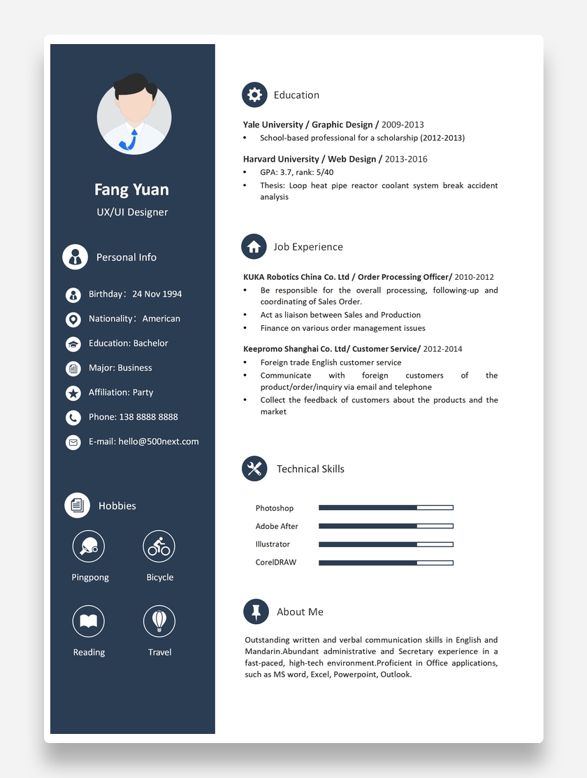深蓝创意UI/UX设计师个人英文简历模板