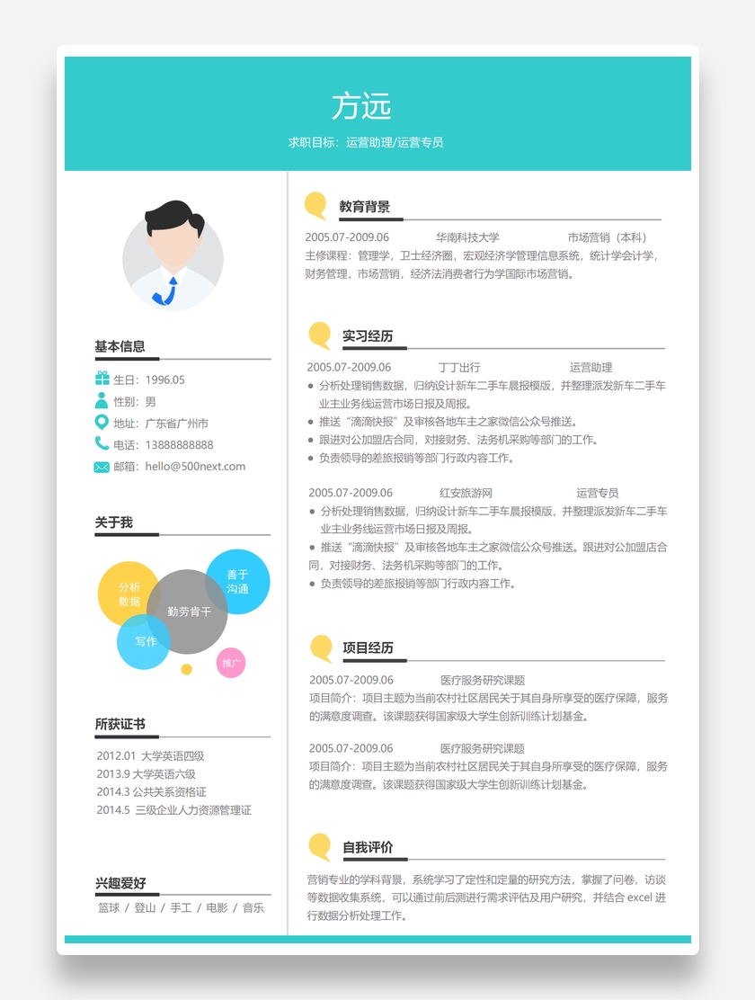 炫彩个性运营专员/运营助理个人求职简历模板