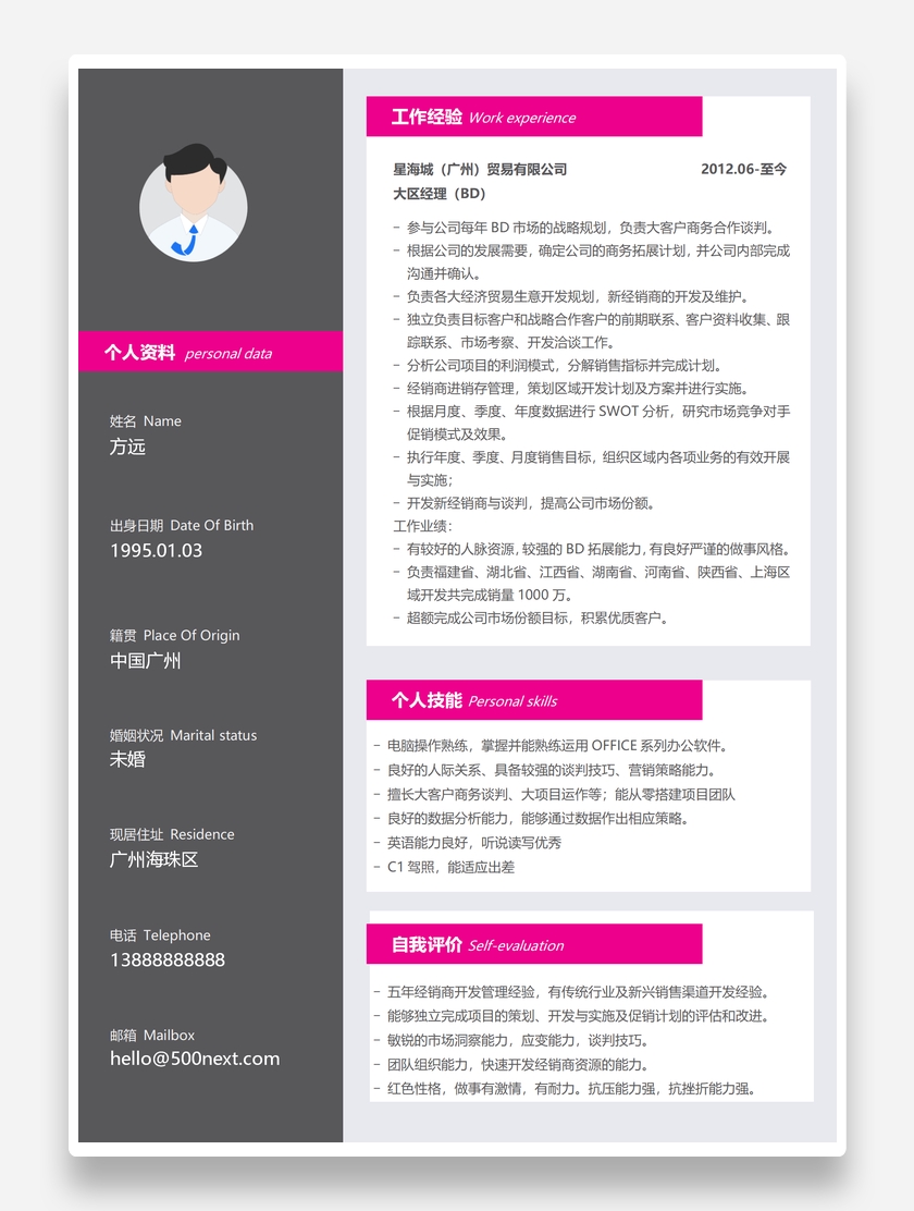 精美创意市场大区经理个人求职简历模板
