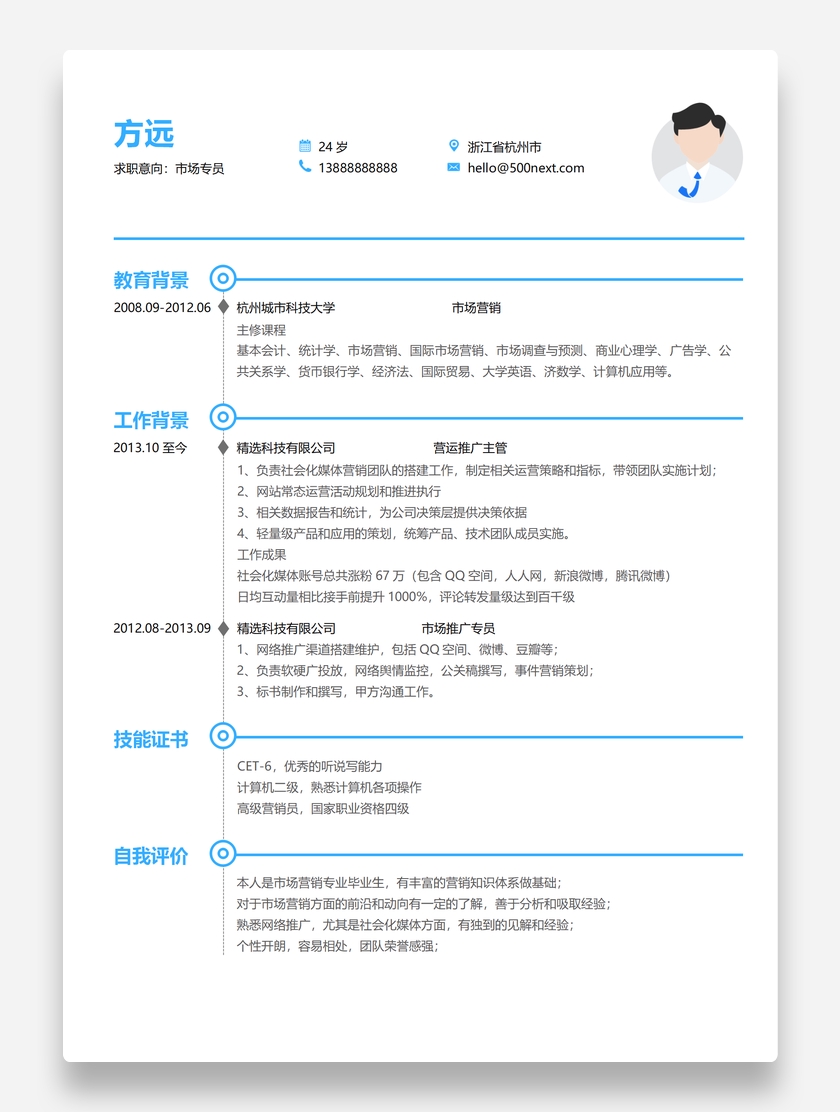 蓝色简洁市场专员Word个人求职简历模板
