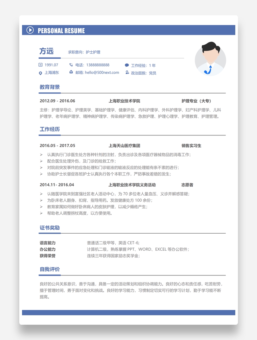 清新简约风格护士护理word个人求职简历模板