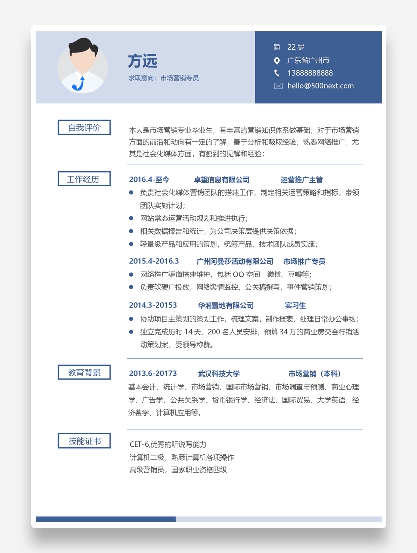 扁平个性市场营销专员个人求职简历模板